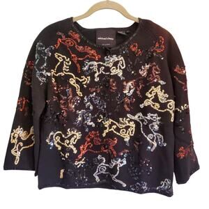 Michael Simon 2000 Vintage Y2K Black Horse Sequin Equestrian Cardigan Sweater